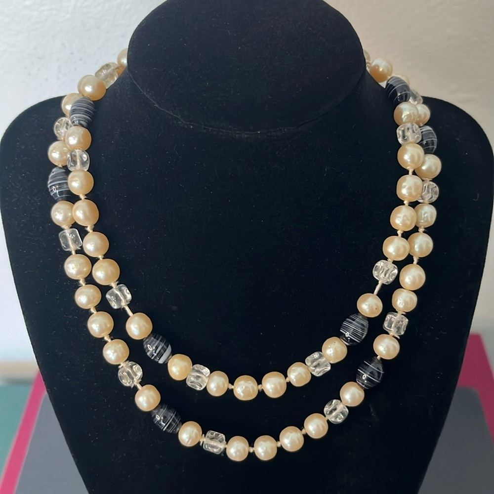 Vintage 1940s Genuine Pearl necklace with Murano Style Swirl Glass Beads
